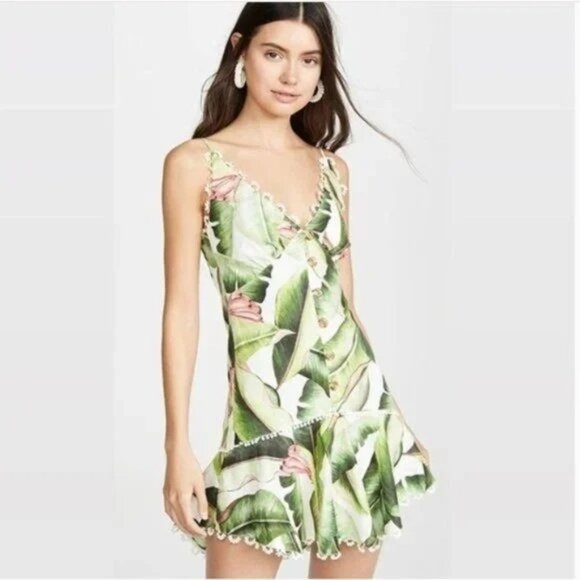 FARM Rio Plantage White Palms Linen Drop Waist Mini Dress Size XS - Picture 4 of 10